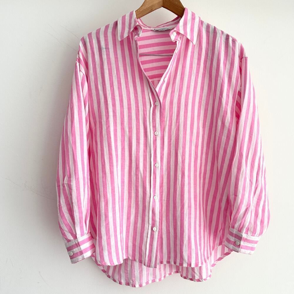 Stradivarius Cotton linen‎ blend Striped Button Front Shirt